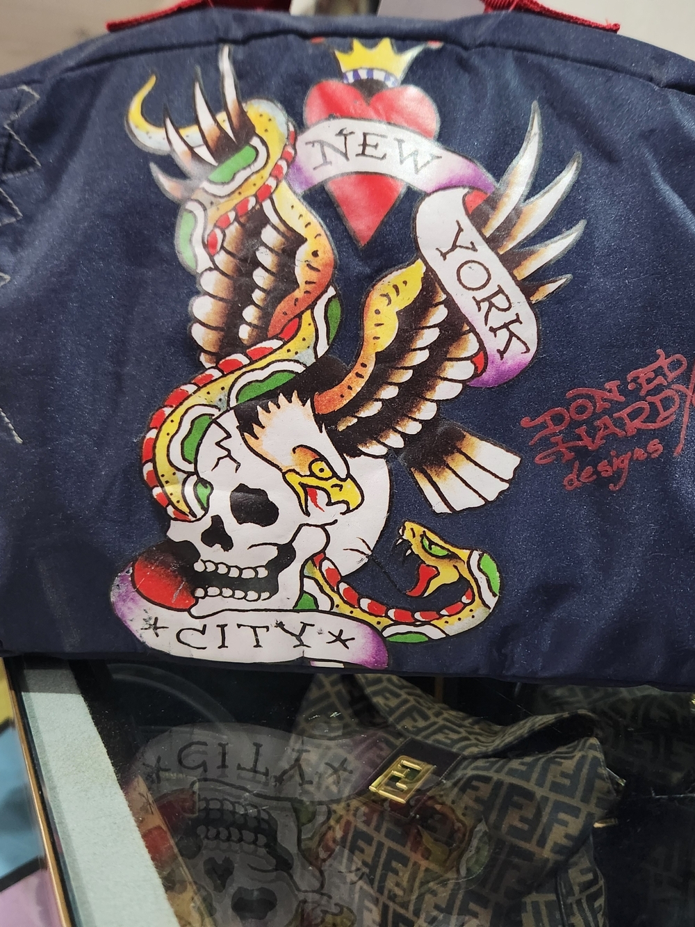 Ed Hardy Navy Duffel Bag with Multicolor Tattoo Graphic